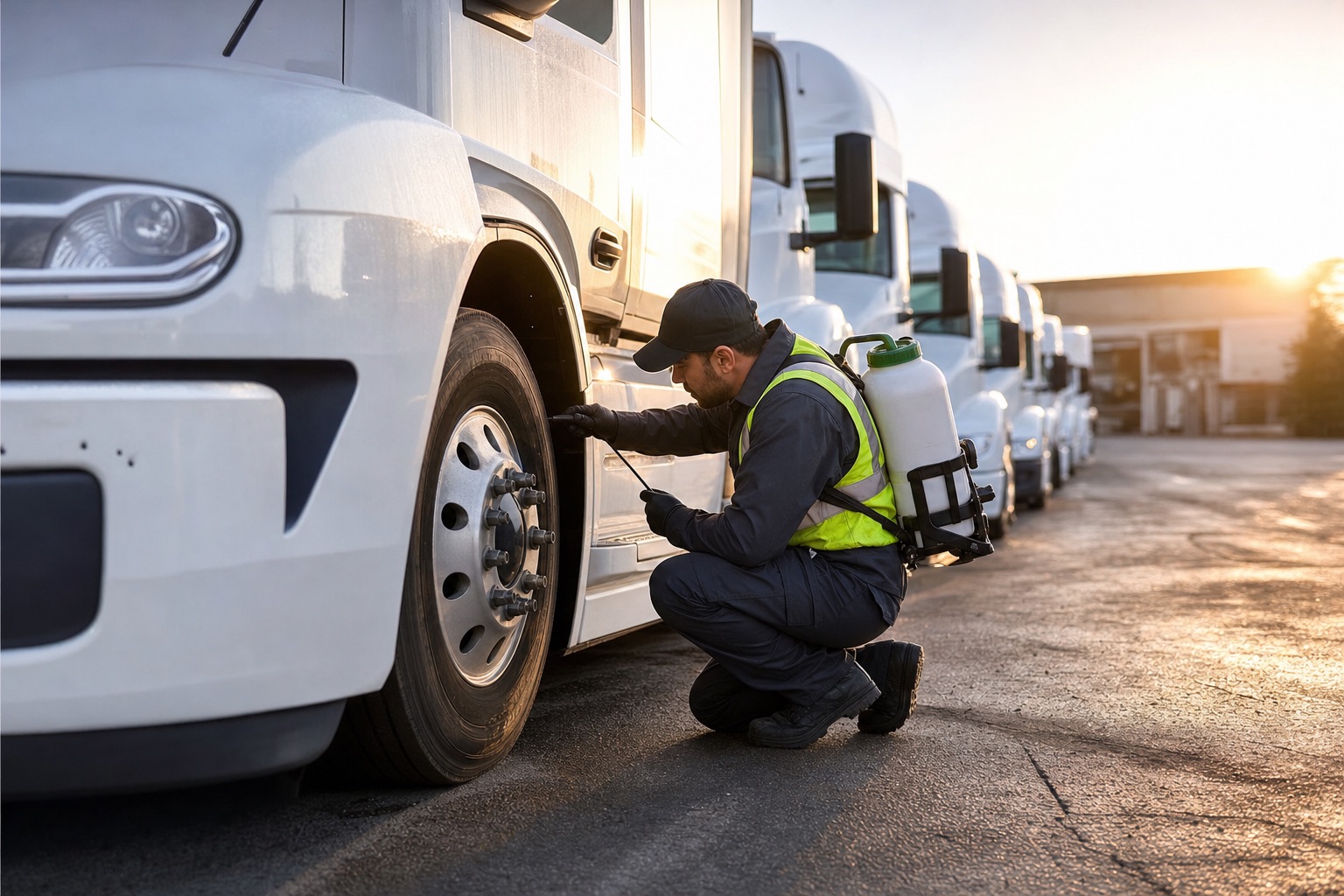 A pest technician in a hi-vis vest inspecting the wheel well of a white semi truck in a depot at sunrise