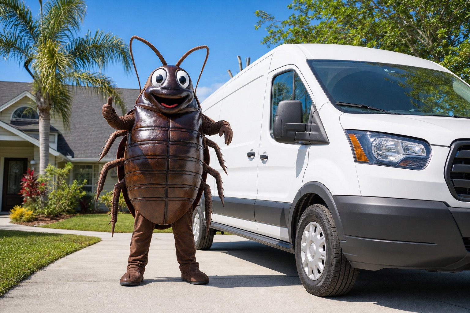 A person in a goofy cockroach costume giving a thumbs up in a driveway next to a white service van