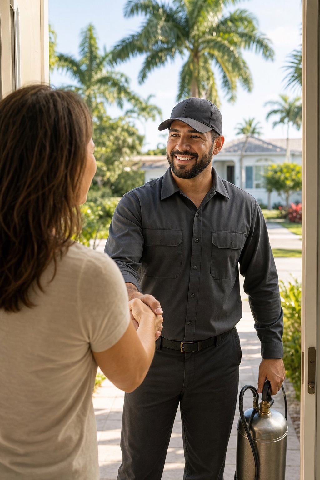A pest control technician shaking hands with a homeowner at the front door